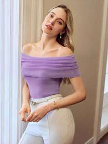 MOTF PREMIUM OFF-SHOULDER RUCHED FITTED SHORT SLEEVE KNIT TOP - Violet Purple - View 5