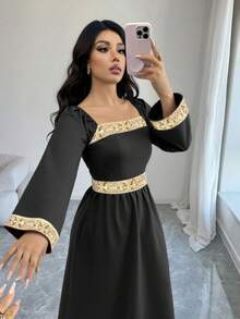 Lyxana Brown Square Collar Woven Belt Wrap Elegant Dress For Women - Black - View 5