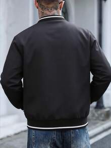 Manfinity Homme 男士棒球领单排扣休闲百搭日常长袖夹克 - 黑色 - 查看 3