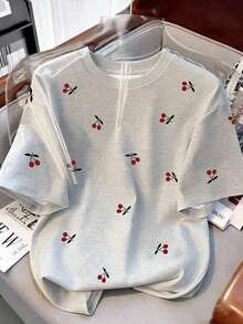 Resyla 女士休闲T恤，灰色，夏季新款，圆领，甜美樱桃印花图案，图案设计，学生风，简约百搭版型，适合日常穿着、户外活动、旅行，舒适百搭，女士必备单品 - 彩色 - 查看 1