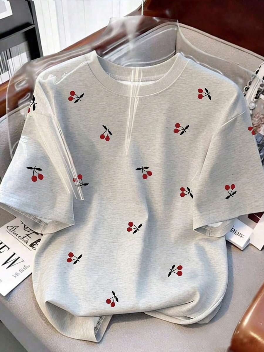 Resyla 女士休闲T恤，灰色，夏季新款，圆领，甜美樱桃印花图案，图案设计，学生风，简约百搭版型，适合日常穿着、户外活动、旅行，舒适百搭，女士必备单品 - 彩色 - 查看 1