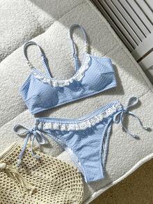 Swim Mod 青少年条纹吊带背心式泳衣上装和V领比基尼泳裤套装（2件套） - 彩色 - 查看 3