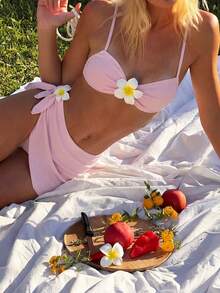 Swim Vcay Bộ bikini 3 mảnh màu vàng kem, chất liệu vải dệt họa tiết hoa, hở lưng, buộc dây, gợi cảm, ngọt ngào, giản dị dành cho nữ, thích hợp cho bãi biển và kỳ nghỉ. - Hồng - Xem 5