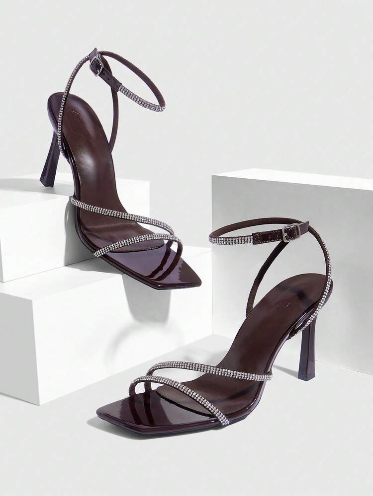CUCCOO SZL Women Shoes Spring And Summer New Brown Rhinestone Belt Ankle Strap Women's High-Heeled Sandals Simple Fashion Comfortable Versatile Sexy Party Women's Sandals Women's Shoes