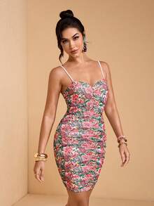 JIAN LASALA Vestido de verano elegante y casual para mujer con estampado floral tropical, tirantes de espagueti de malla, drapeado y sin mangas - Multicolor - Ver 4