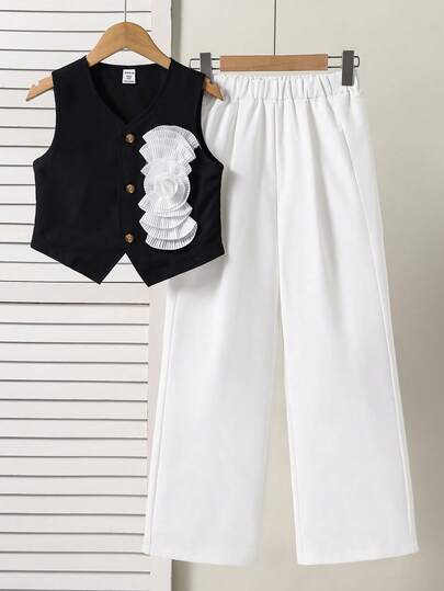 Elladie kids Tween Girl 3D Floral Decor Single-Breasted Vest And Wide-Leg Pants Casual Outfit