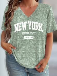 EMERY ROSE 大码复古印花休闲宽松中长款短袖圆领女式T恤 - 綠色 - 查看 1