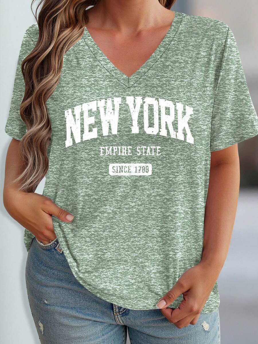 EMERY ROSE 大码复古印花休闲宽松中长款短袖圆领女式T恤 - 綠色 - 查看 1