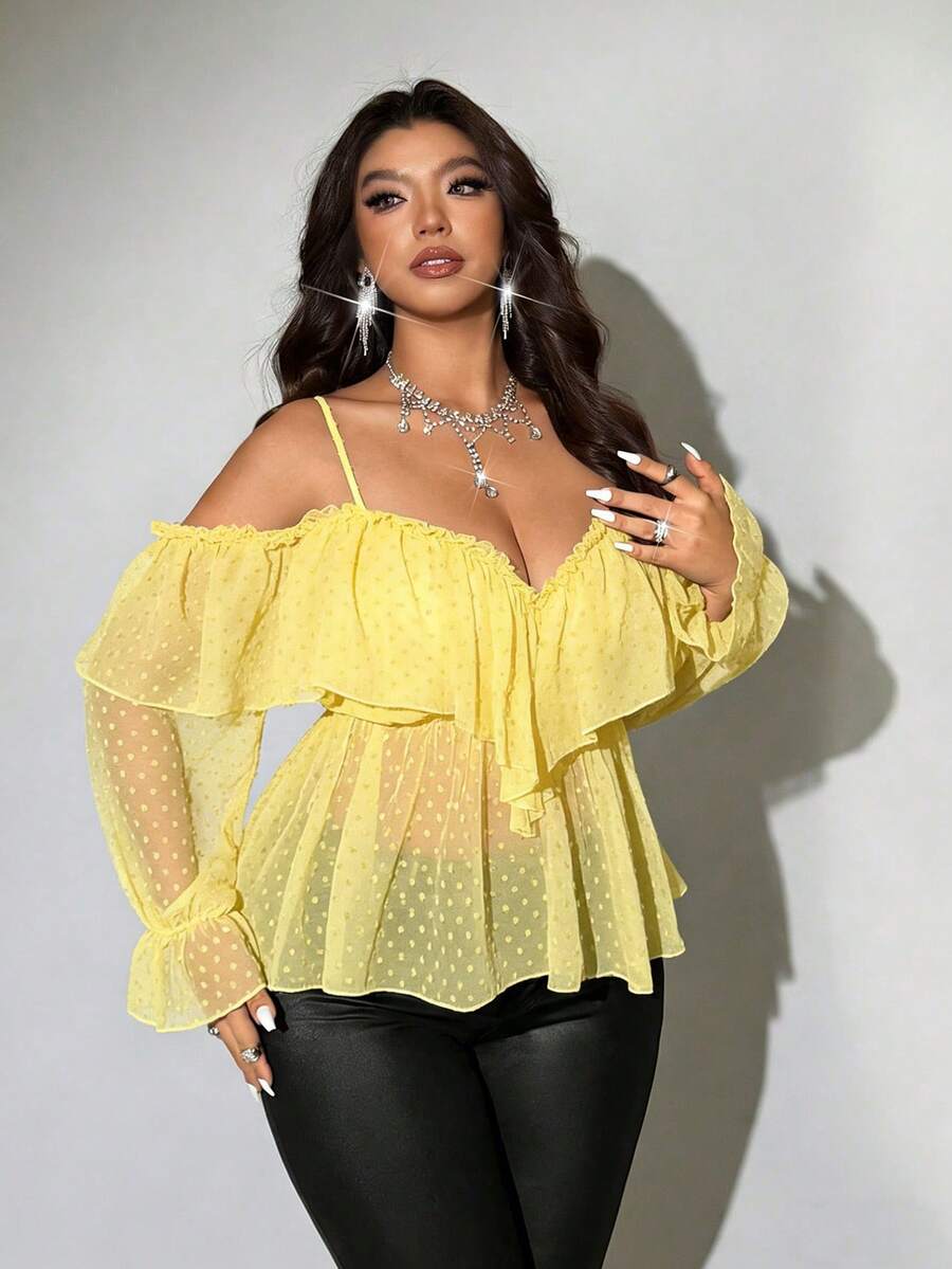 Viva Relle Blusa casual versátil de uso diario con hombros descubiertos y volantes en unicolor para mujer de talla grande - Amarillo claro - Ver 1