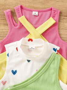 4pcs Young Girl Solid Color Heart Pattern Knit Camisole Set Cute Spring Tops Multipack Tops Kids Girls Sleeveless Tops Young Girls Multi Pack Tops - Lime Green - View 4