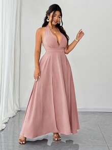 Elenzga Plus Size Women's Solid Color Deep V-Neck Slit Hem Sexy Halter Dress - Dusty Pink - View 6