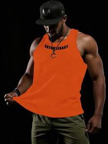 GymBeat 字母印花圆领男士时尚运动背心，夏季 - 橘色 - 查看 3