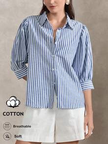 Briarwyn Camisa de mujer de solapa a rayas, de un solo pecho, casual y versátil para uso diario - Azul - Ver 1