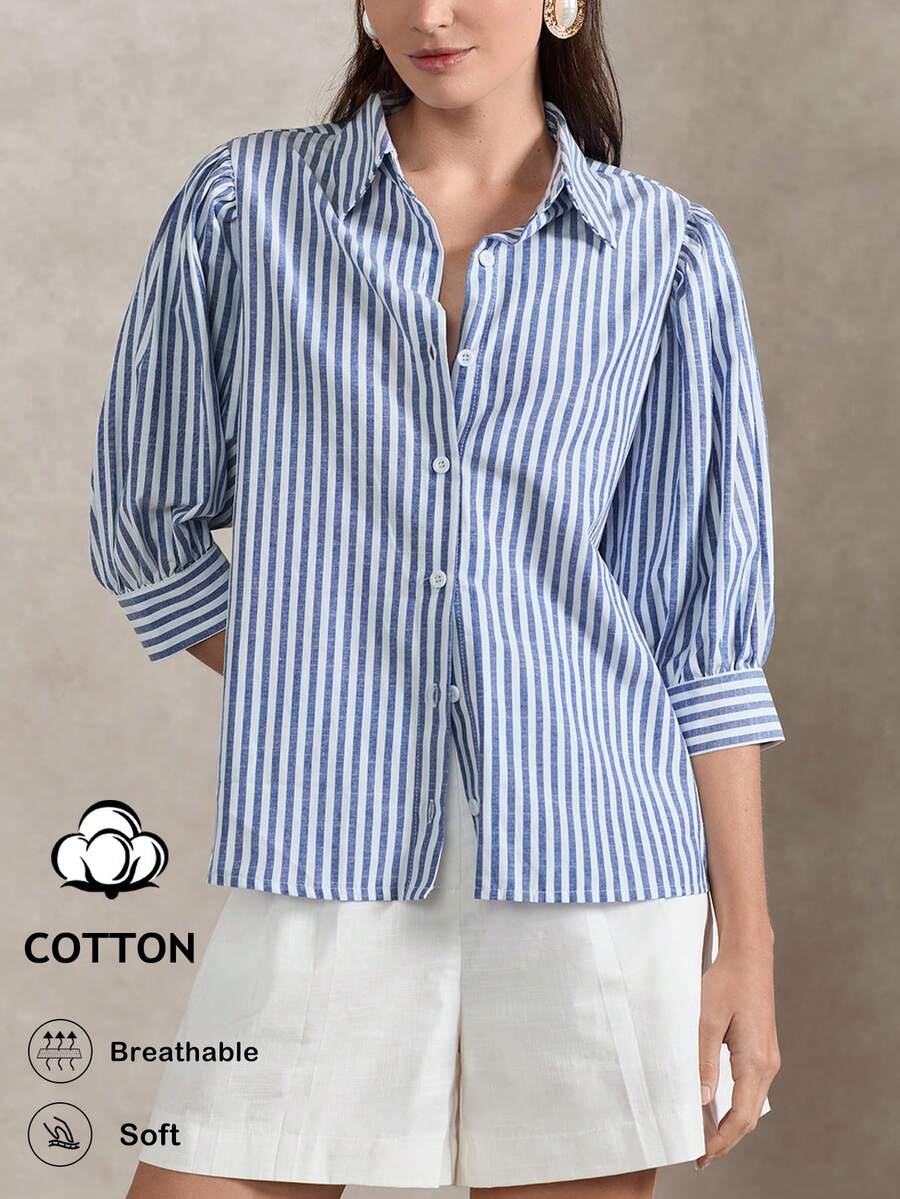 Briarwyn Camisa de mujer de solapa a rayas, de un solo pecho, casual y versátil para uso diario - Azul - Ver 1