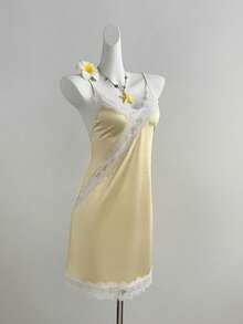 Elamini 女士春夏蕾丝拼接真丝吊带裙，休闲日常穿着，百搭外出，性感优雅，浪漫海滩度假风 - 黃色 - 查看 4