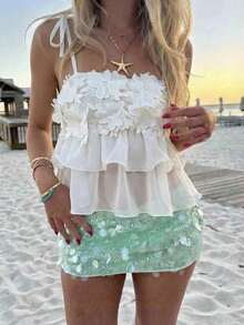 Aloruh 女士优雅3D立体花卉装饰雪纺上衣，纯杏色 - 杏色 - 查看 9