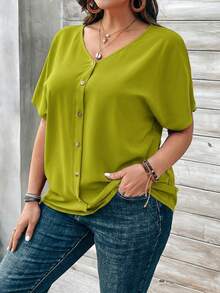 Rosumi Plus Size Women's Orange Button Embellished Short Sleeve Shirt For Spring - Green - View 4