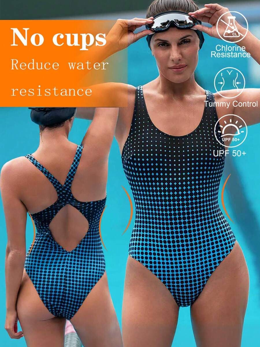 Swim Nautrix New Summer Women Round Neck Sleeveless Backless Waist Cinched Artistic Polka Dot Print Casual Vacation One-Piece Swimsuit - Multicolor - View 1