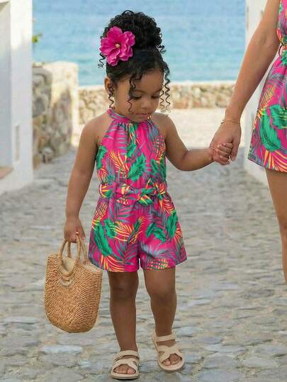 SHEIN Babygirl Vacation Casual Cute Floral Print Halter Romper Toddler Girl Tropical Outfit Baby Girl Resort Wear Girls Romper Summer Colorful Jumpsuit Baby Baby Girl Summer Romper