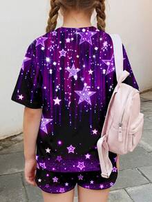 2pcs/Set Tween Girl Casual Minimalist Short Sleeve Top And Shorts, Suitable For Summer Home And School - Multicolor - View 2