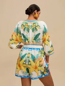 Travachic Jumpsuit Romper Kasual Wanita Ukuran Besar Model V-Neck Motif Bunga Warna Cokelat untuk Olahraga Musim Gugur - MultiWarna - View 2