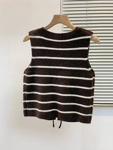 INAWLY Áo vest dệt kim kẻ sọc buộc phía trước dành cho nữ, Thu/Đông - Cà phê nâu - Xem 2