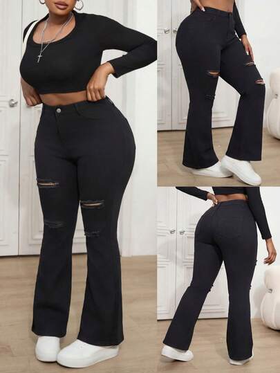 SHEIN PETITE CURVE 大码女式口袋纽扣做旧休闲百搭日常喇叭牛仔裤