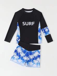 Fantacosmos Tween Boys 2-Piece Swimwear Set, Cool Surfing Style, Black Main Body, Raglan Sleeve Design, White "SURF" Letter Print On Front, Gradient Blue & White Palm Tree Print On Side And Sleeve, Gradient Blue & White Palm Tree All-Over Print Bottoms, Knitted Digital Printing, Fashionable, Casual, Suitable For Swimming, Summer Vacation, Beach, Pool Party - Multicolor - View 7