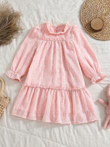 SHEIN Vintaside Kids 女童优雅公主风荷叶边领花瓣袖提花刺绣双层荷叶边下摆宽松公主裙，适合度假、旅行、派对、送礼、春秋季穿着 - 粉色 - 查看 5