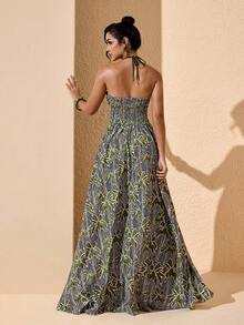 JIAN LASALA 热带印花隧道褶皱露背吊带露背女士夏季度假长裙 - 綠色 - 查看 2