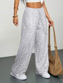 SHEIN PETITE Women's Casual Leopard Print Drawstring Waist Sweatpants,Back To School Clothes,Fall Clothes For Women Comfy Pants Lounge Pants Cheetah Print Pants - Multicolor - View 8