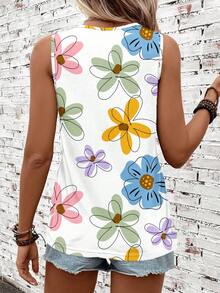 EMERY ROSE Casual Dopamine Flower Print Round Neck Tank Top, Plus Size For Women, Suitable For Summer - Multicolor - View 2