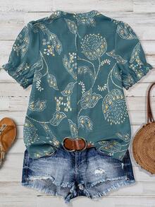 Linhara Plus Size Women's Colorful Floral Print Linen-Like V-Neck Button Puff Sleeve Shirt,Yellow Summer Boho Vacation Casual Elegant Retro Beach Blouse Tops - Multicolor - View 2