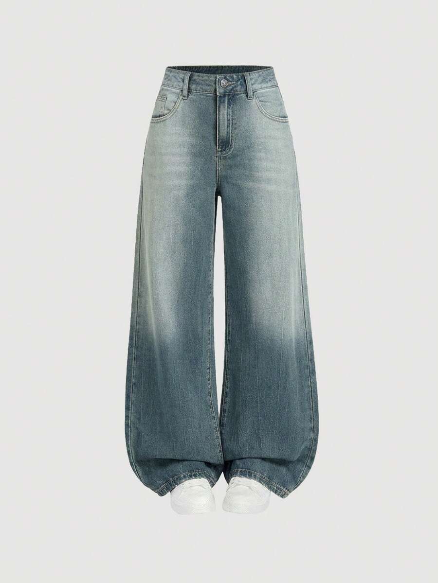 SHEIN MOD 女士休闲日常水洗斜插口袋阔腿牛仔裤 - 藍色 - 查看 1