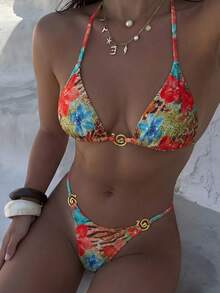 Swim Vcay Summer New Multicolor Animal & Floral Print Patchwork High-Cut Metal Decor Romantic Beach Resort Bikini Swimwear Set For Women, 2 Pieces - Multicolor - View 3