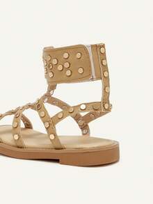 Cozy Pixies 一双夏季度假铆钉酷炫街头棕色时尚休闲百搭可爱女孩露指平底鞋可爱罗马凉鞋婴儿平底鞋 - 卡其色 - 查看 4