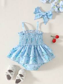 SHEIN Vintaside Kids BABYGIRL Summer Spaghetti Strap Romper With Ruffled Hem, Playful Design For Everyday Wear - Baby Blue - View 2