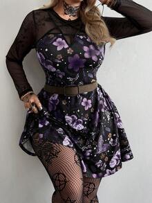 SHEIN CURVE+ 大码女装新款圆领复古休闲学院风暗黑朋克风印花拼接网纱星形缎带装饰A字长袖连衣裙，适合日常穿着、办公室、感恩节、新年派对、节日、生日派对、音乐节、情人节、春夏等场合。 - 紫色 - 查看 7