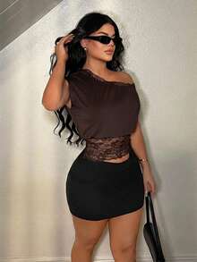 SHEIN SXY Elegant Lace Splice One-Shoulder Neckline Blouse - Brown - View 7