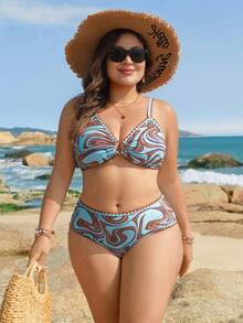 Swim Lushoire 2026 New Plus Size Women Floral Trim Bikini Set - Blue - View 5