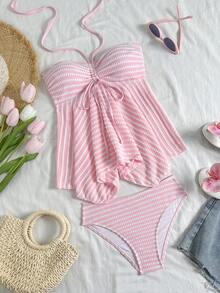 SHEIN Swim Mod 女士沙滩套装，浅粉色条纹纹理面料，无肩带细肩带，前抽绳设计，时尚休闲度假性感甜美可爱，女士泳衣套装，吊带比基尼 - 淺粉色 - 查看 3