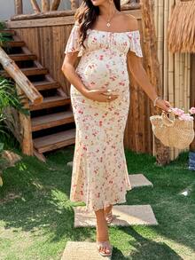 SHEIN Vestido casual de vacaciones con estampado floral y drapeado para maternidad - Amarillo - Ver 4