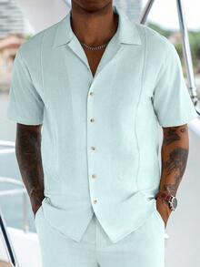 VENTUSAIL Bộ đồ nam màu trơn, tay ngắn, cài một hàng khuy và quần dài, thích hợp mặc hàng ngày. - màu xanh lá - Xem 3