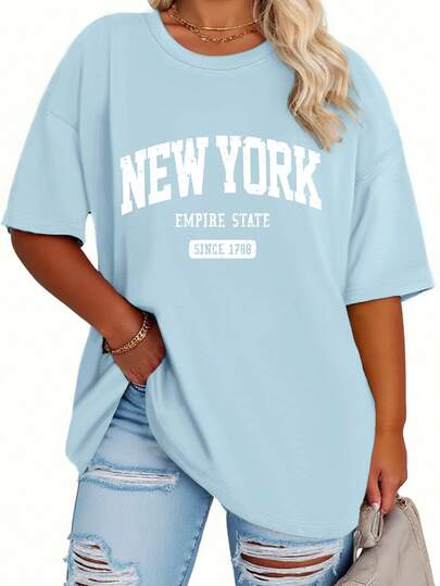 EMERY ROSE Plus size T-shirt met middellange mouwen, casual dames T-shirt met losse pasvorm, korte mouwen en ronde hals, met minimalistische print van de letters Los Angeles.