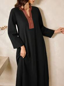 Al Najma Women's Elegant Black V-Neck Embroidered Long Sleeve Maxi Dress,Modest Casual Loose Party Dresses For Autumn Family Al-Adha,Zanea Yisikado Z9v7r - Black - View 2