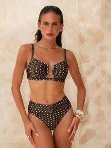 Swim Chiccia 2026春夏可调节加粗肩带方领金色U型装饰侧高腰飘逸设计女士优雅比基尼套装 - 咖啡棕 - 查看 4