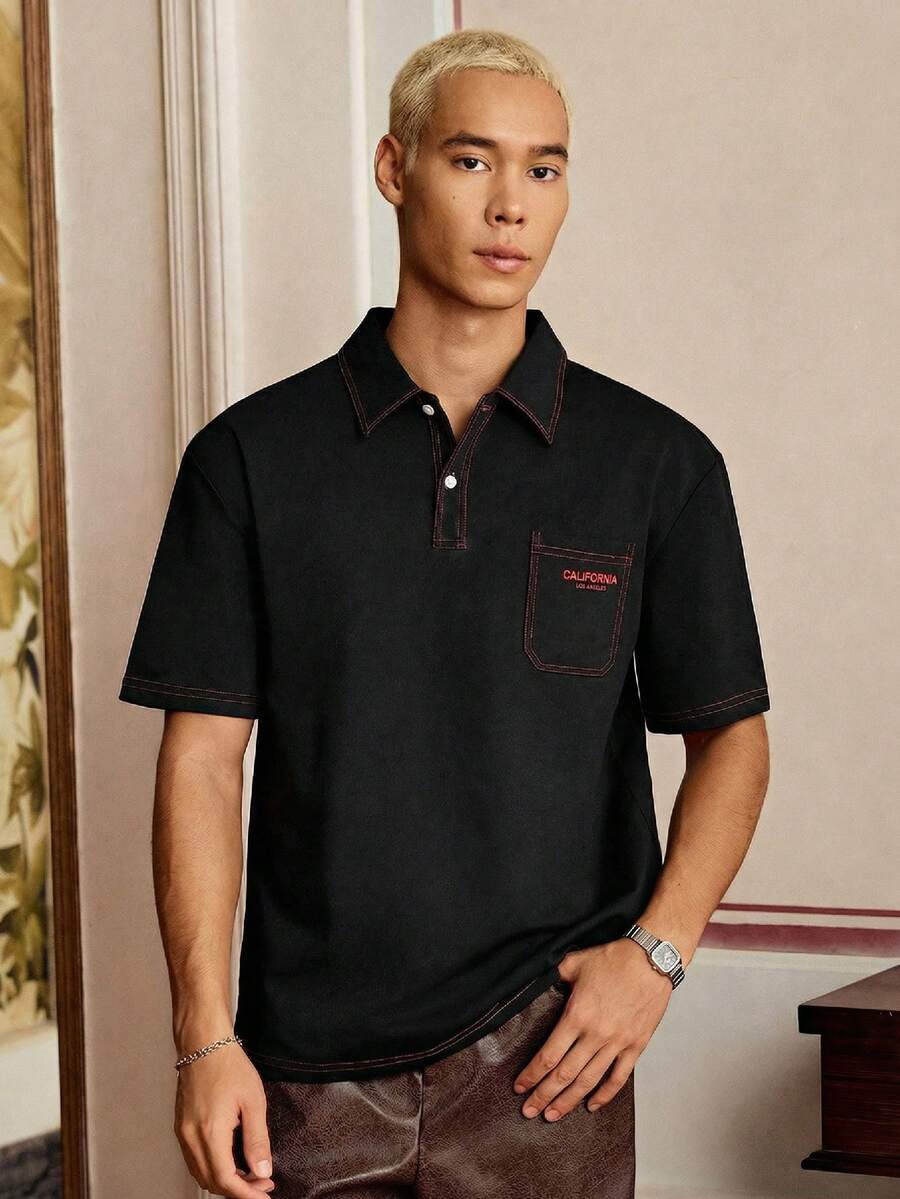 SWAVVY 男士字母图案撞色缝线 Polo 衫 - 黑色 - 查看 1