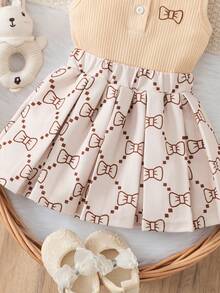 SHEIN 2pcs/Set Baby Girl Spring&Summer Casual Style Bowknot-Shape Embroidery Sleeveless Top&Short Pleated Skirt - Khaki - View 7