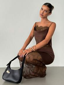Siren Gaze Women Cowl Neck Satin Lace Insert Maxi Dress Chocolate Brown Sheer Mesh Party Dress For Evening Party Date, Elegant Satin & Lace Splice Spaghetti Strap Dress, Wedding Guest, Party, Evening Gown - Brown - View 6