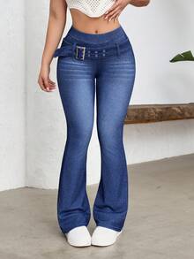 Flexra Women's Casual Washed Slim Fit Flare Jeans With Belt - Blue - View 8